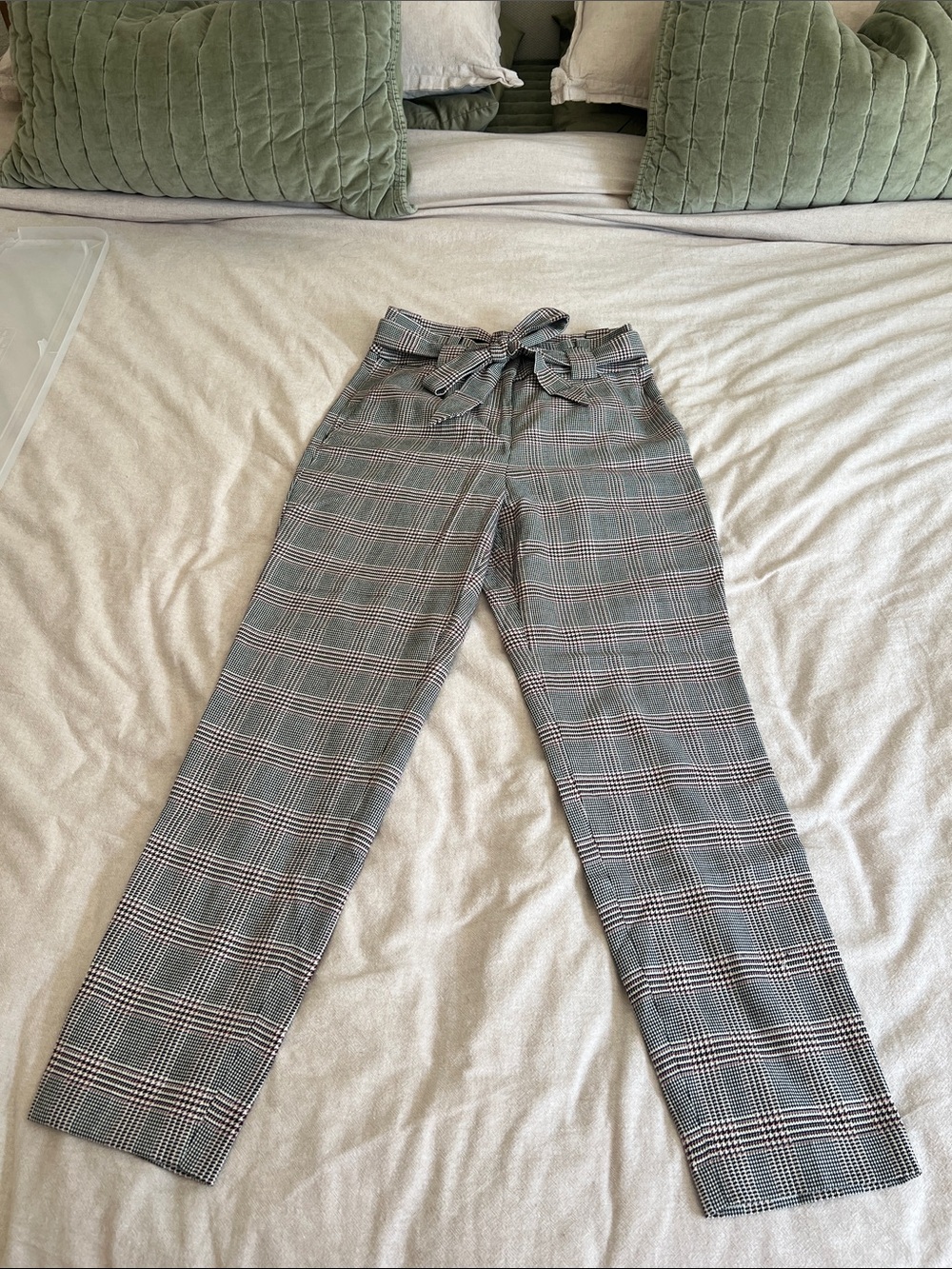 Express Plaid Paperbag Waist Trousers in Gray with Subtle Red and White Accents